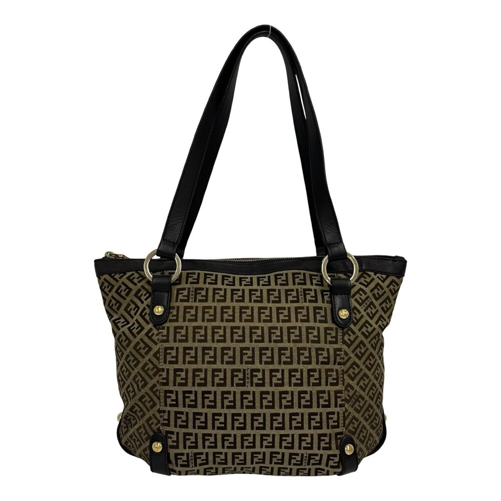 FENDI Zucchino FF Pattern Canvas Leather Tote Bag Handbag Semi-Shoulder Beige...